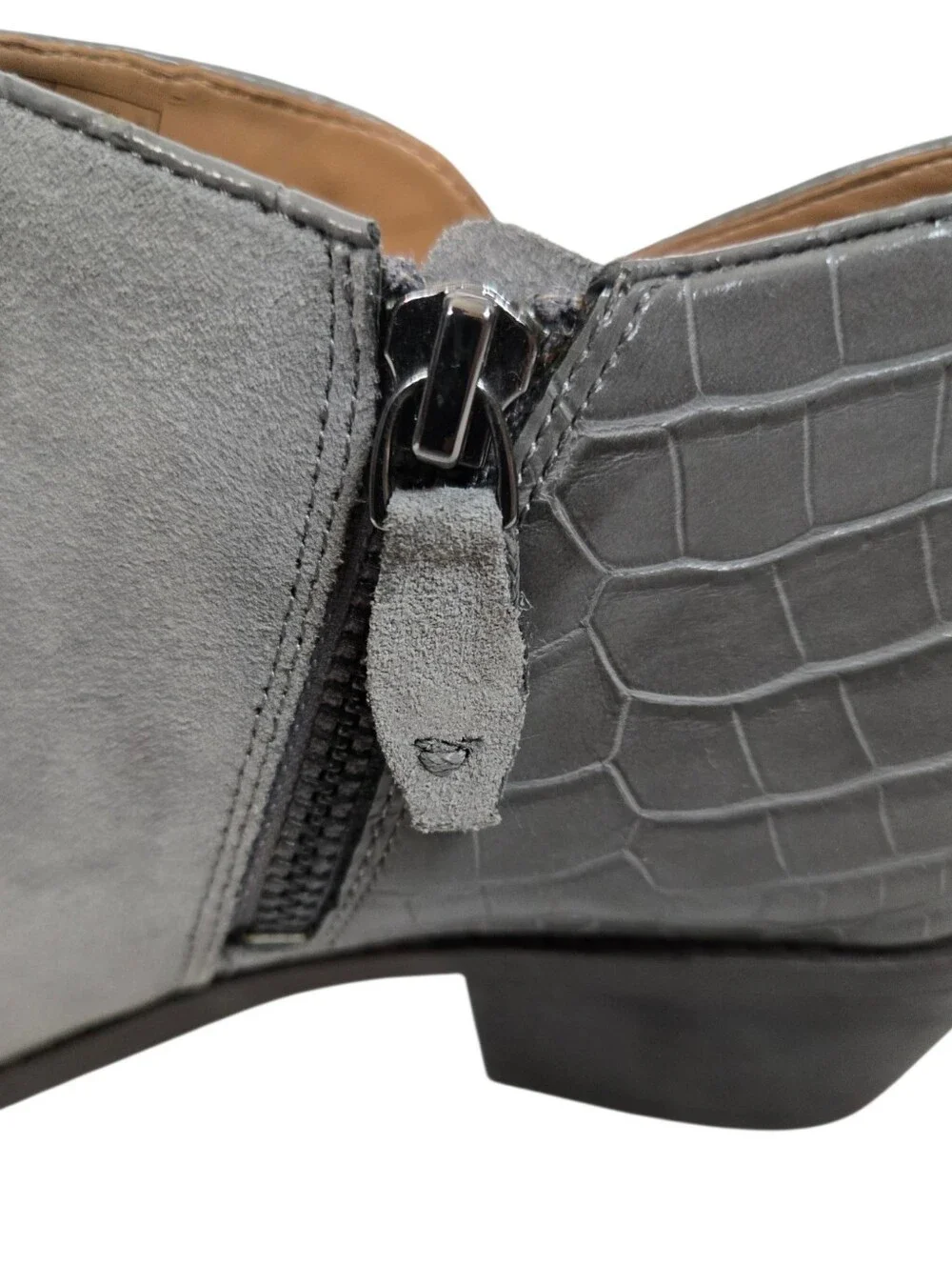Vionic Grey Suede-Style Ankle Bootie with Croc-Embossed Heel